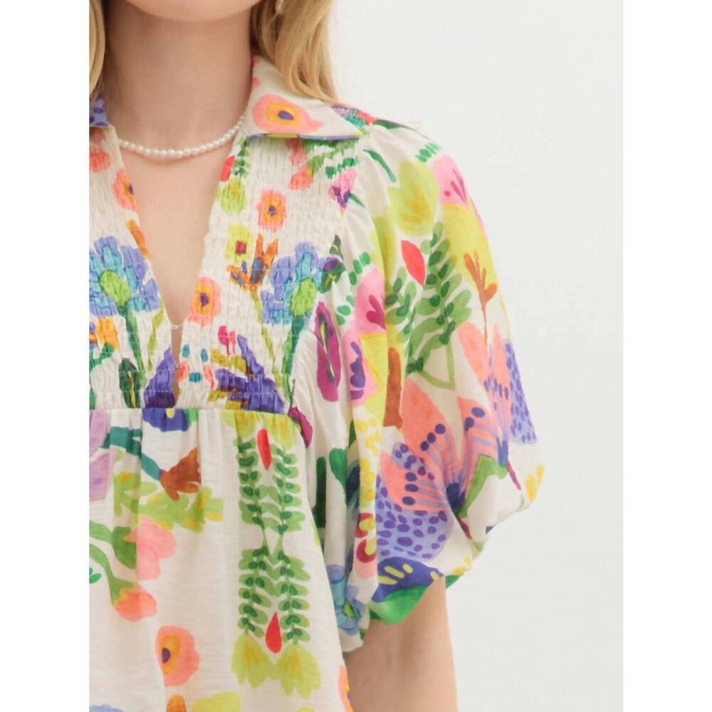 NEW ENTRO floral smocked collar bubble sleeve top in multi - Picture 6 of 8